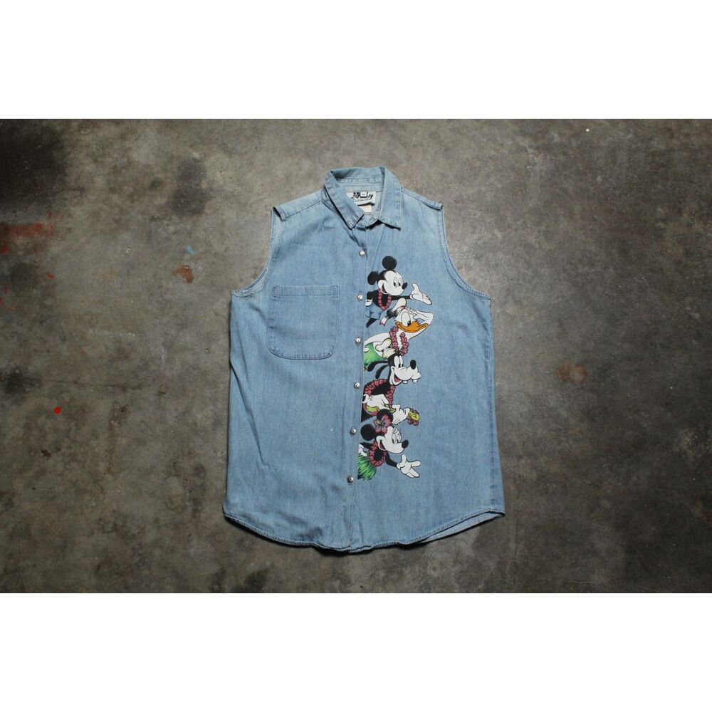 Vintage 90's USA-Made Distressed Disney Mickey Mouse Denim Shirt - Medium